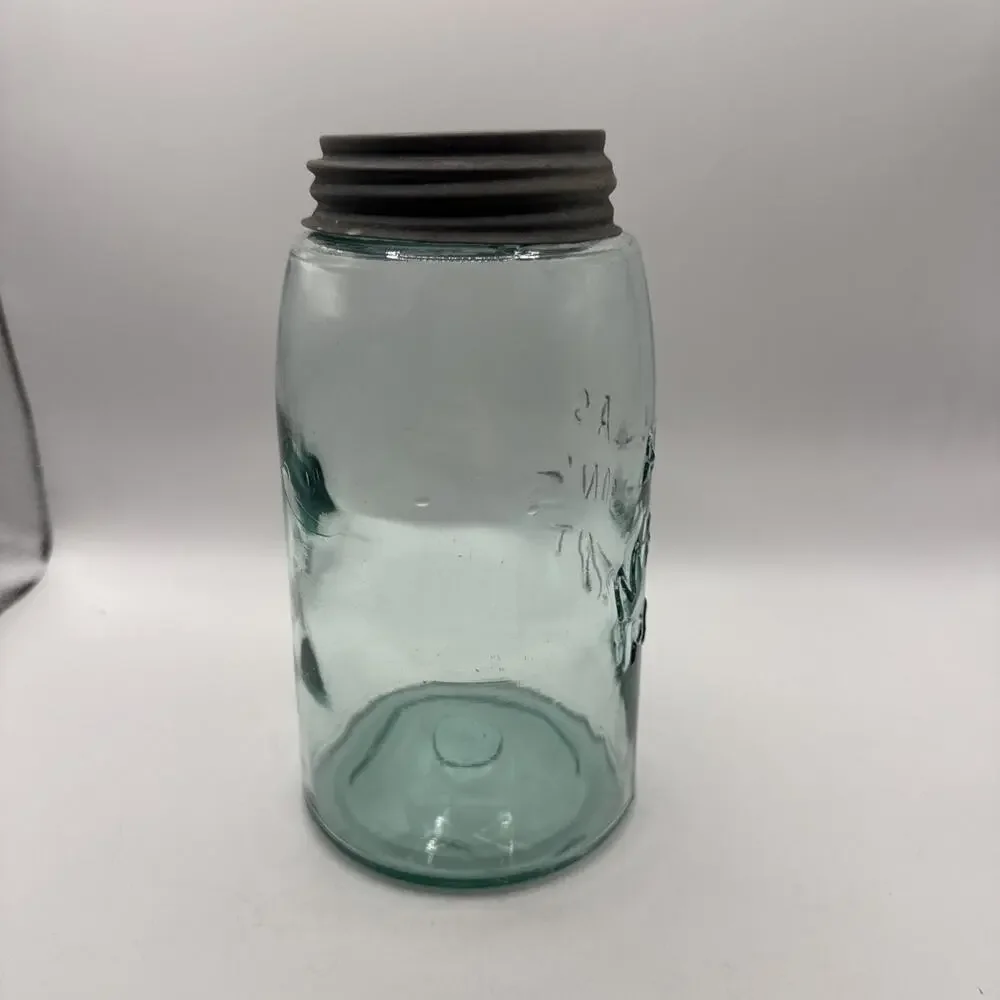 Vintage Atlas Mason’s Patent Nov 30 1858 Aqua Glass Canning Jar w Zinc Lid